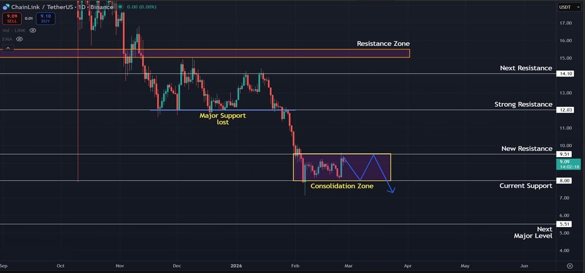 LINK Holds $8.00 Support but Breakdown Points to Deeper Correction